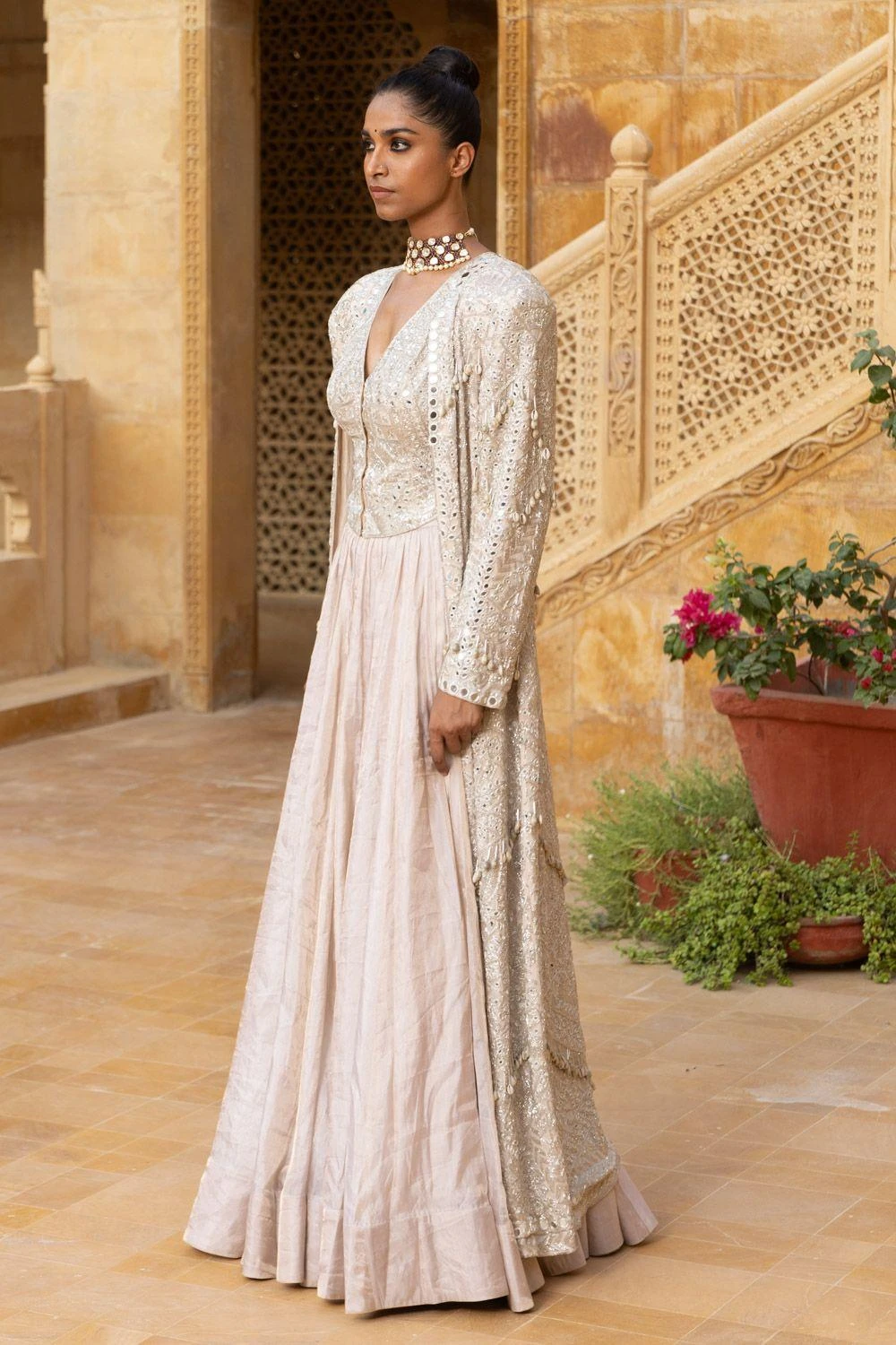 Arpita Mehta Beige Mirror Embellished Jacket Set 2 Arpita Mehta Beige Mirror Embellished Jacket Set - Image 2