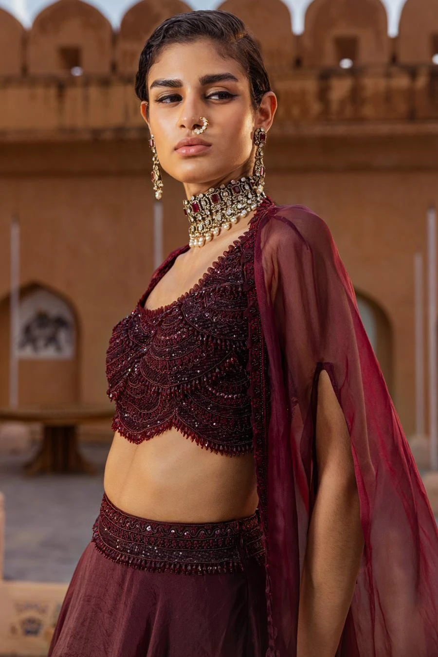 Ridhima Bhasin Plum Embellished Cape Set 3 Ridhima Bhasin Plum Embellished Cape Set - Image 3