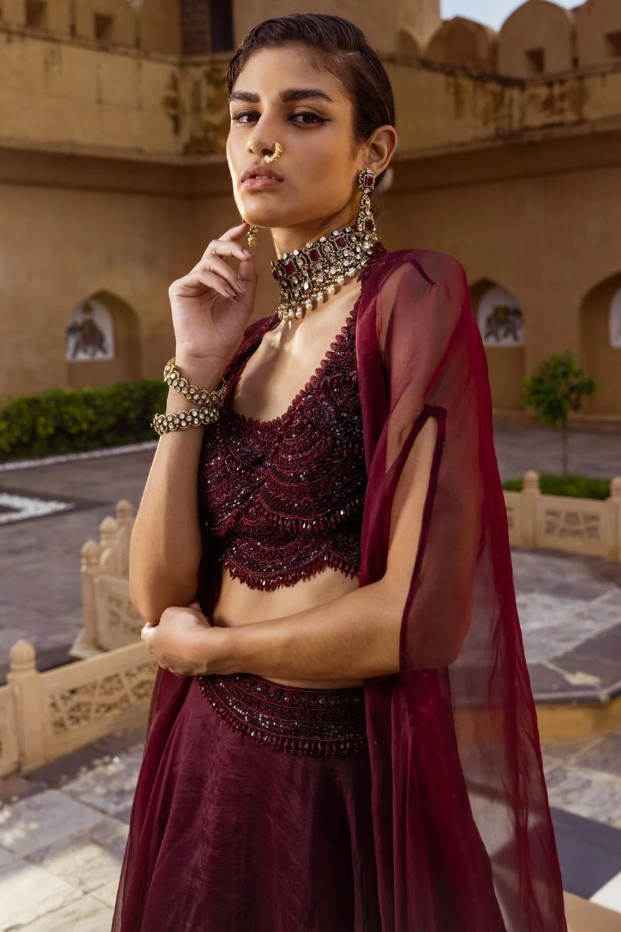 Ridhima Bhasin Plum Embellished Cape Set 4 Ridhima Bhasin Plum Embellished Cape Set - Image 4