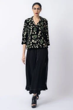Peachoo Black Floral Embroidered Velvet Jacket