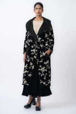 Peachoo Black Floral Embellished Velvet Jacket