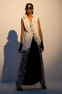 Richa Khemka Beige & Black Sequinned Cutwork Jacket Set