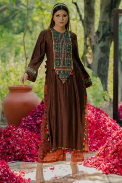 Pooja Keyur Meraki Brown Embellished Cape Set