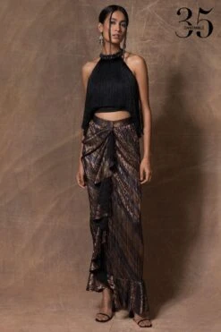 431-88 By Shweta Kapur Metallic Micro-pleated Draped Skirt