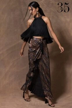 431-88 By Shweta Kapur Metallic Micro-pleated Draped Skirt -Inca Style Shop 115ske22 3