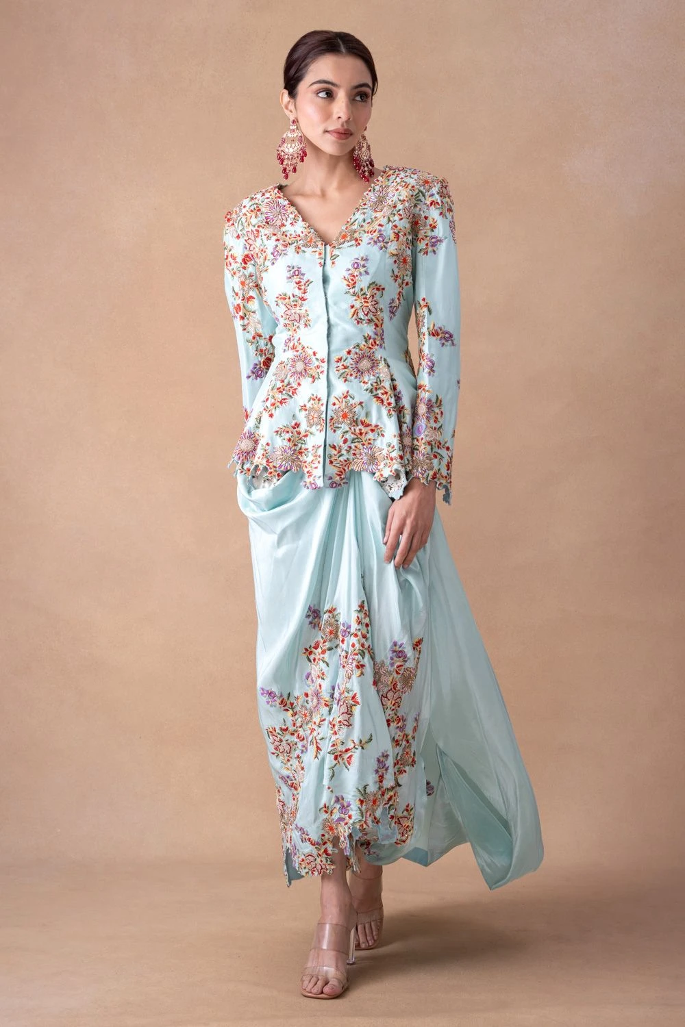 Anamika Khanna Serene Blue Floral & Sequin Top-Drape Skirt Set 1 Anamika Khanna Serene Blue Floral & Sequin Top-Drape Skirt Set