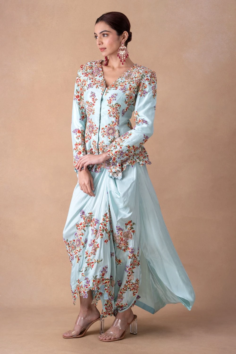 Anamika Khanna Serene Blue Floral & Sequin Top-Drape Skirt Set 2 Anamika Khanna Serene Blue Floral & Sequin Top-Drape Skirt Set - Image 2