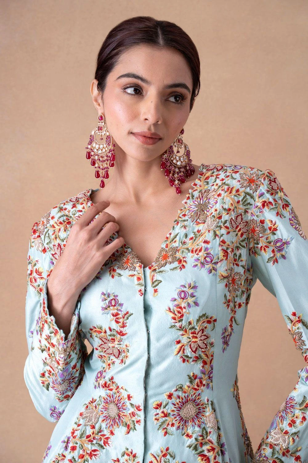 Anamika Khanna Serene Blue Floral & Sequin Top-Drape Skirt Set 4 Anamika Khanna Serene Blue Floral & Sequin Top-Drape Skirt Set - Image 4