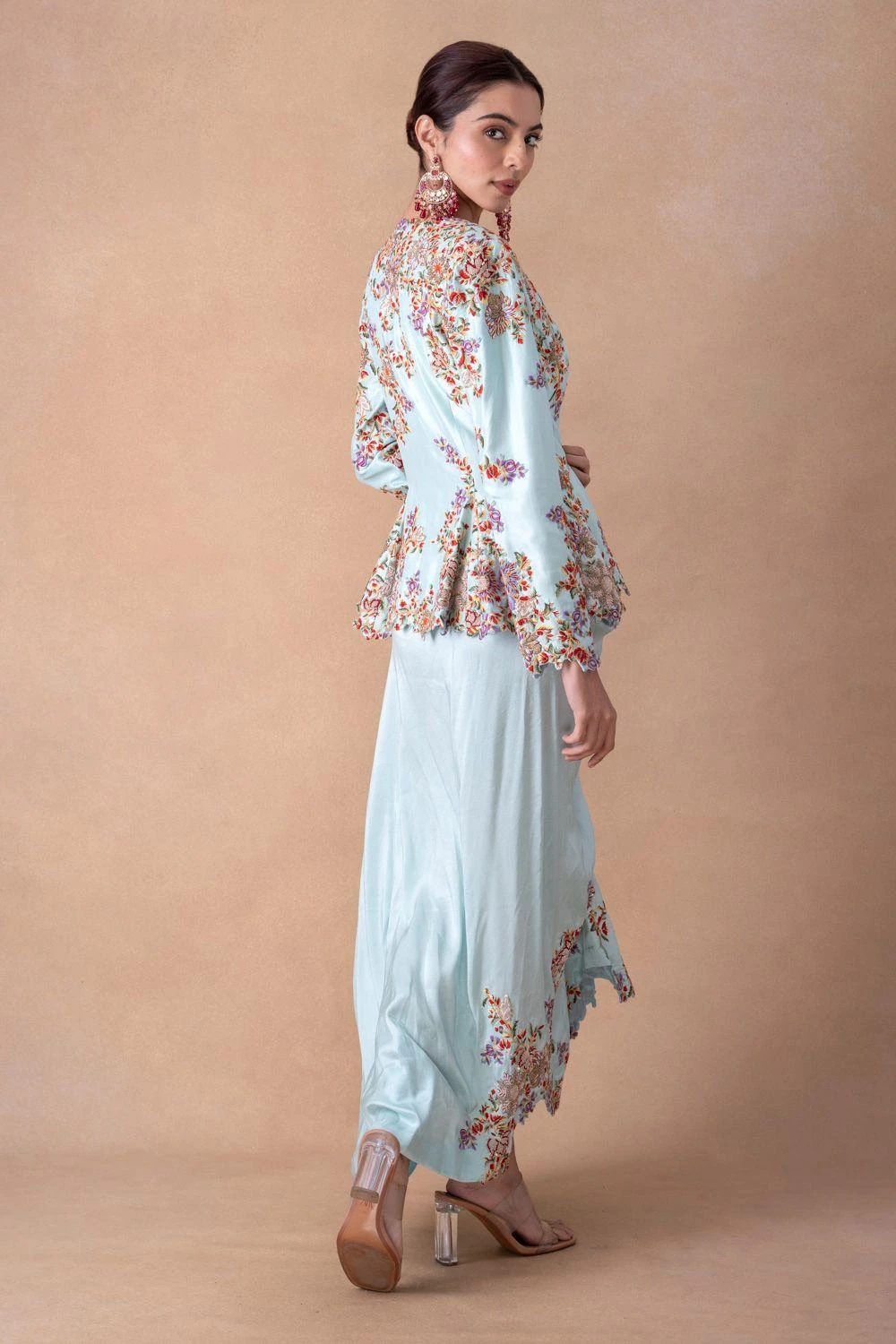 Anamika Khanna Serene Blue Floral & Sequin Top-Drape Skirt Set 5 Anamika Khanna Serene Blue Floral & Sequin Top-Drape Skirt Set - Image 5