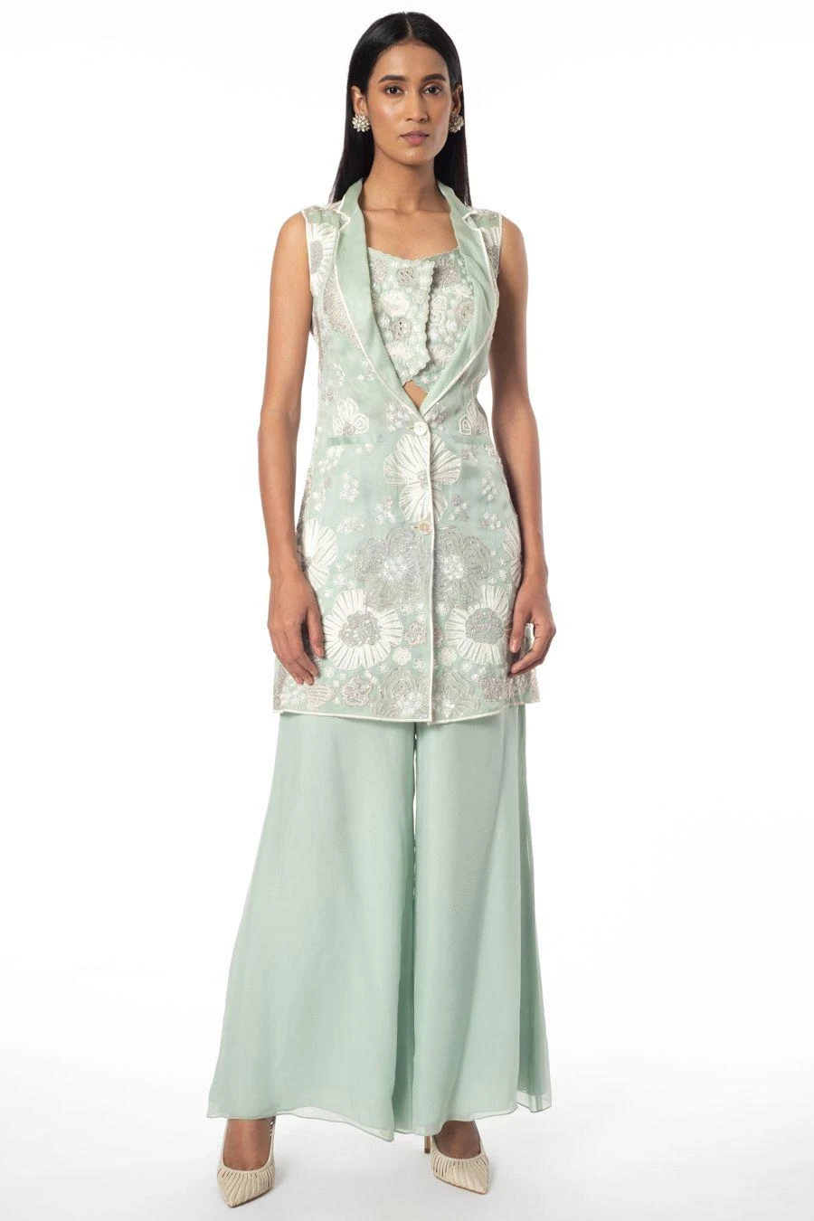 Mishru Green Floral Embroidered Cape Set 1 Mishru Green Floral Embroidered Cape Set