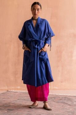 Swatti Kapoor Neel Blue Handblock Printed Trench Coat