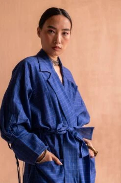 Swatti Kapoor Neel Blue Handblock Printed Trench Coat -Inca Style Shop 13623sk29 3