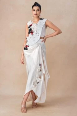 Anamika Khanna Ivory One Shoulder Drape Set
