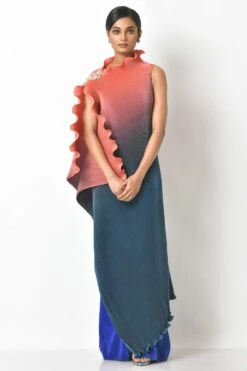 Kiran Uttam Ghosh Coral And Navy Ombre Drape Dress