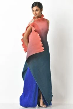 Kiran Uttam Ghosh Coral And Navy Ombre Drape Dress -Inca Style Shop 157kug1 4