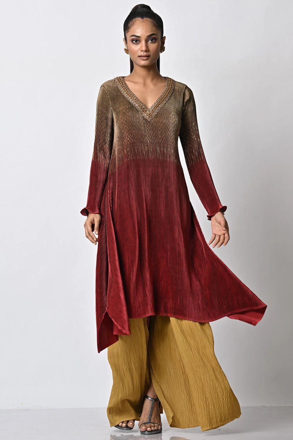 Kiran Uttam Ghosh Mustard Pleated Wide Legged Trousers 1 Kiran Uttam Ghosh Mustard Pleated Wide Legged Trousers