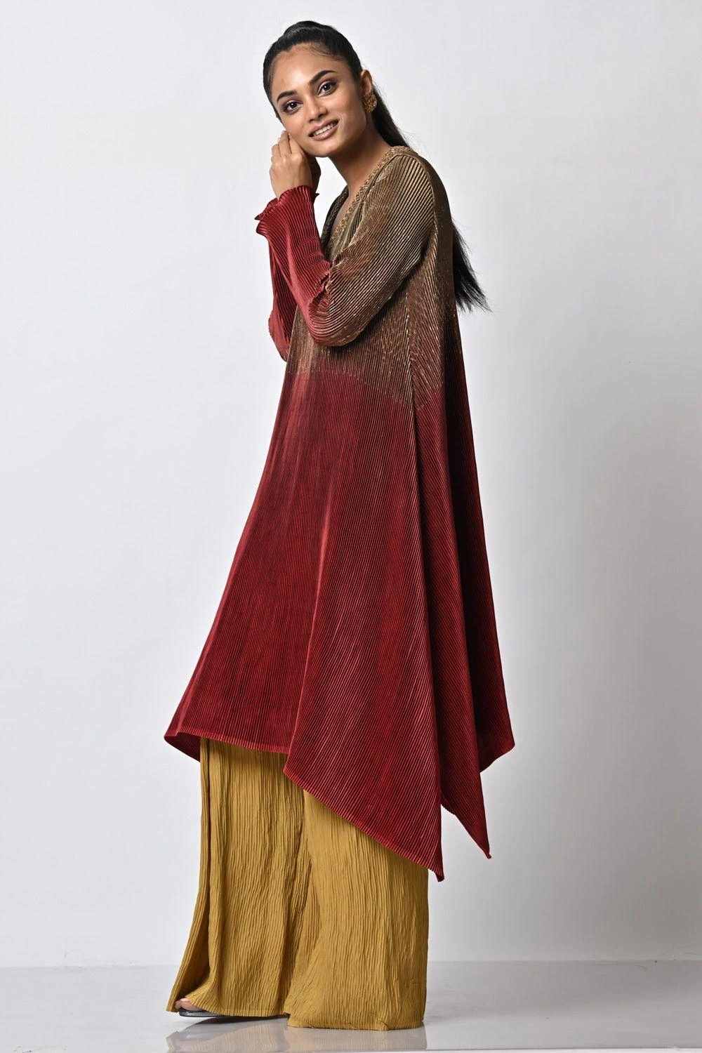 Kiran Uttam Ghosh Mustard Pleated Wide Legged Trousers 2 Kiran Uttam Ghosh Mustard Pleated Wide Legged Trousers - Image 2
