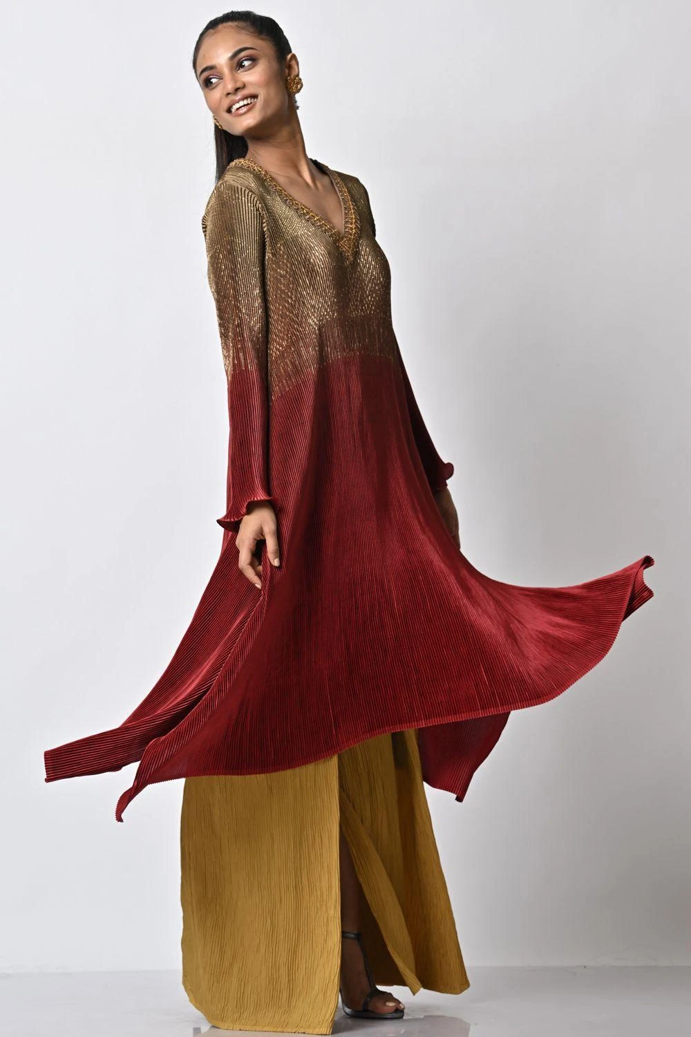 Kiran Uttam Ghosh Mustard Pleated Wide Legged Trousers 3 Kiran Uttam Ghosh Mustard Pleated Wide Legged Trousers - Image 3