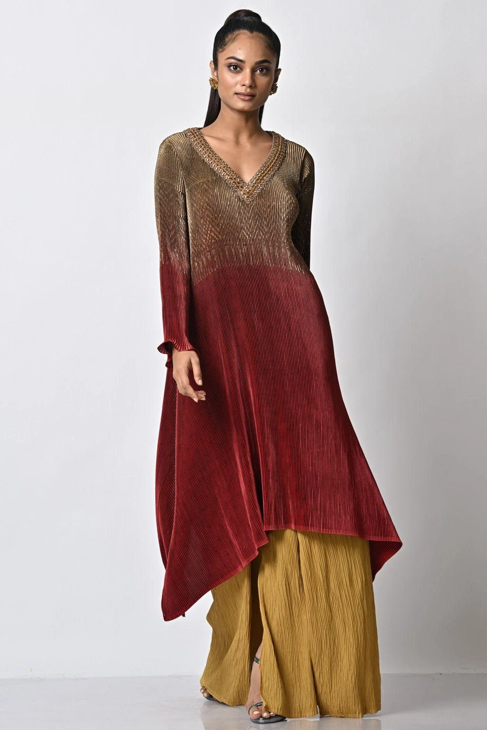 Kiran Uttam Ghosh Mustard Pleated Wide Legged Trousers 5 Kiran Uttam Ghosh Mustard Pleated Wide Legged Trousers - Image 5