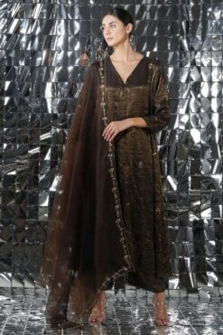 YAVI Brown Cotton Gold Tissue Pants