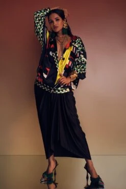 AK-OK By Anamika Khanna Chic Black Geometric Print Silk Jacket