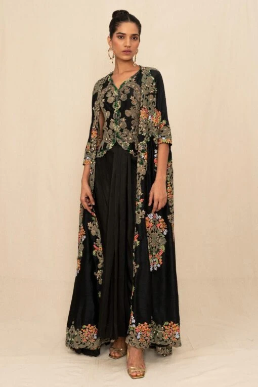 Anamika Khanna Black Floral Embellished Cape Set -Inca Style Shop 16523ank2 1