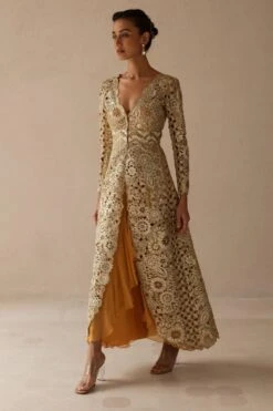 Varun Nidhika Gold Floral Embellished Jacket Set