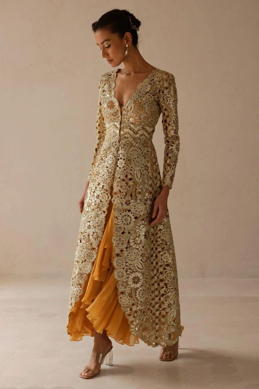 Varun Nidhika Gold Floral Embellished Jacket Set 2 Varun Nidhika Gold Floral Embellished Jacket Set - Image 2
