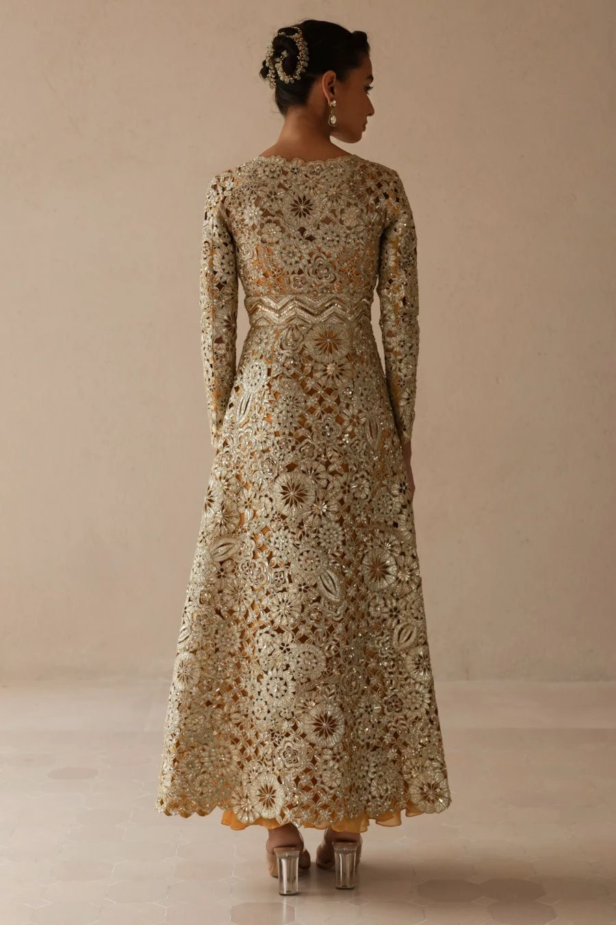 Varun Nidhika Gold Floral Embellished Jacket Set 3 Varun Nidhika Gold Floral Embellished Jacket Set - Image 3