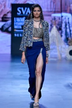 SVA Blue Art Deco Embellished Jacket Set