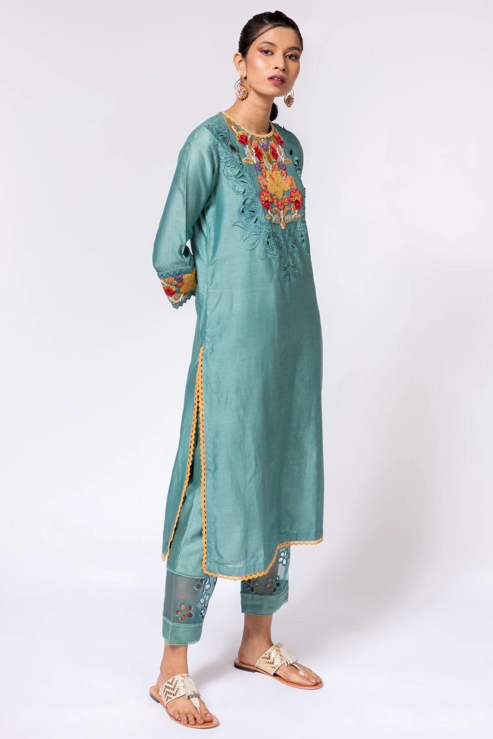 Chandrima Aqua Chanderi Pants With Organza Panel 2 Chandrima Aqua Chanderi Pants With Organza Panel - Image 2