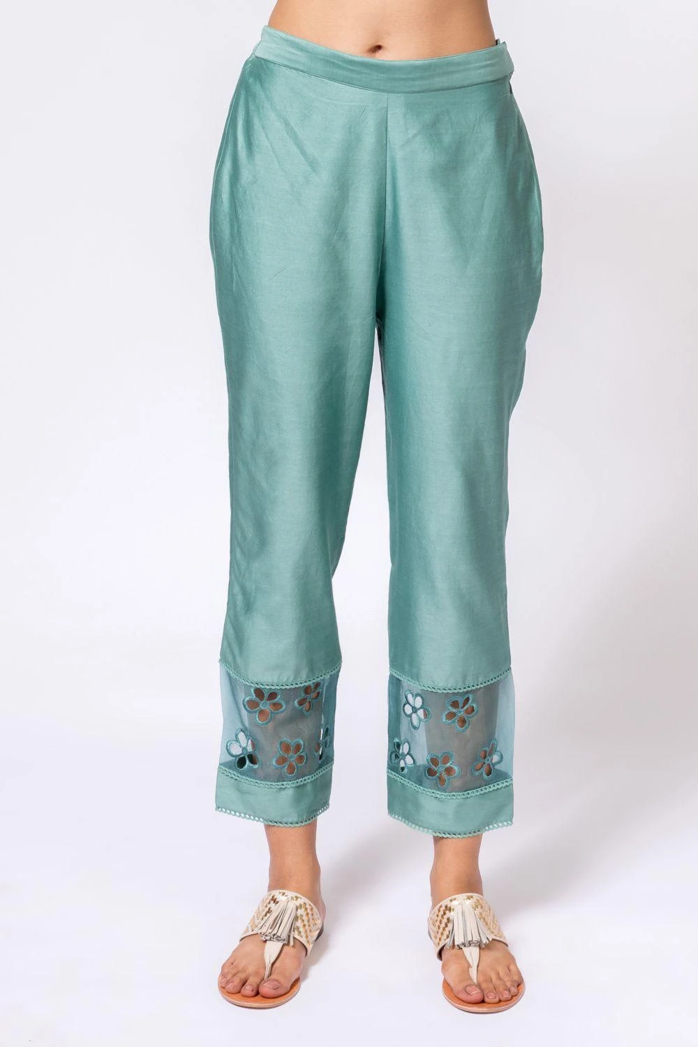 Chandrima Aqua Chanderi Pants With Organza Panel 3 Chandrima Aqua Chanderi Pants With Organza Panel - Image 3