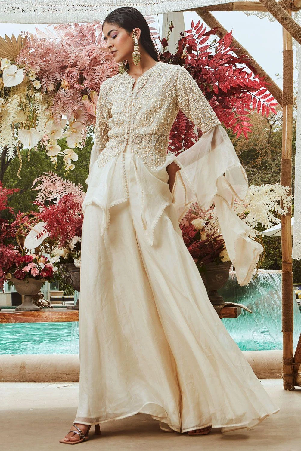 Ridhima Bhasin Ivory Pearl Embroidered Peplum & Sharara Set 2 Ridhima Bhasin Ivory Pearl Embroidered Peplum & Sharara Set - Image 2