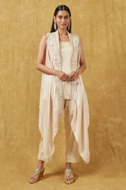 Ahilian Beige Pearl & Sequin Embellished Jacket Set