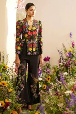 Chandrima Black Floral Threadwork And Cutwork Jacket