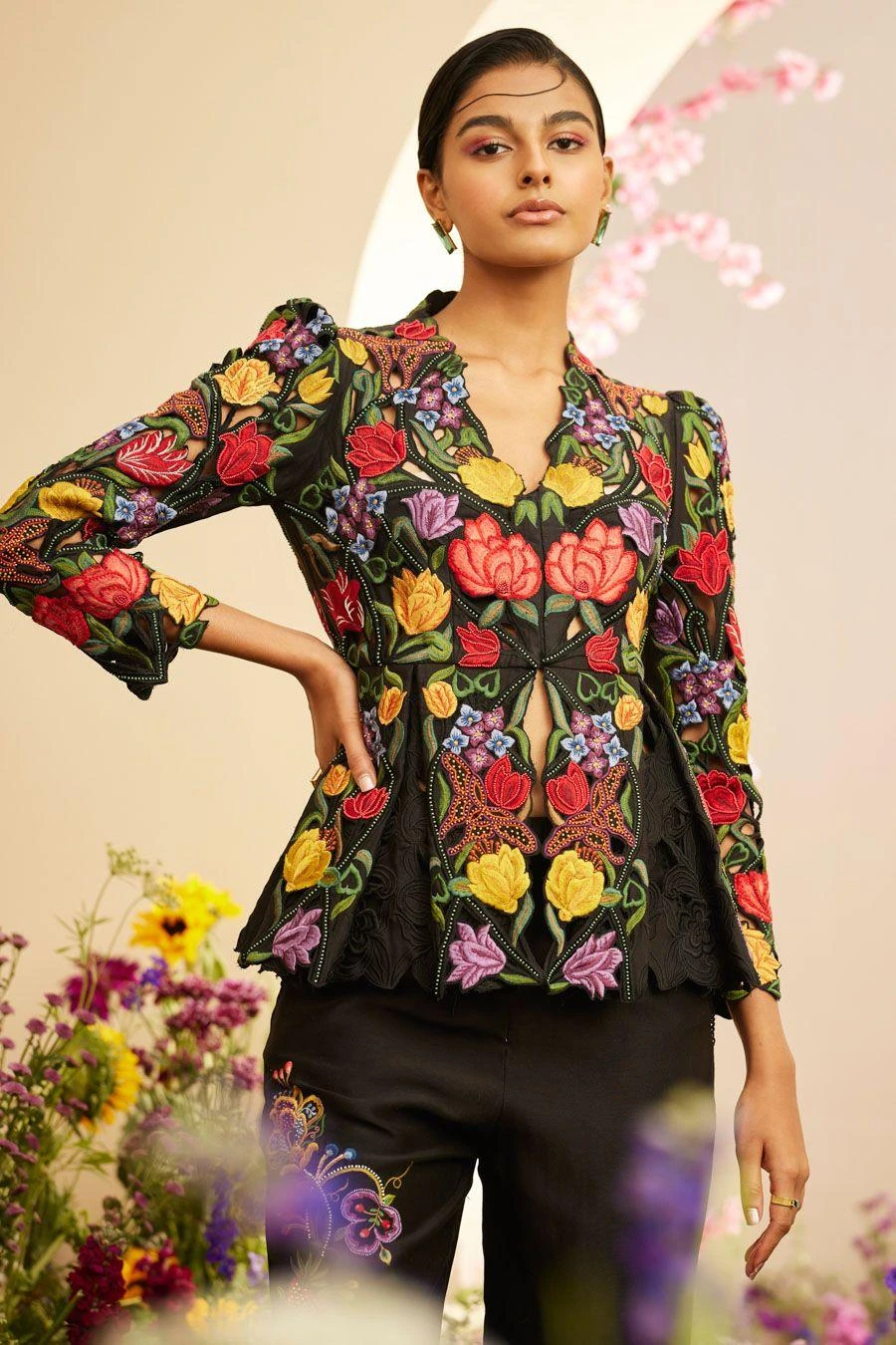 Chandrima Black Floral Threadwork And Cutwork Jacket 2 Chandrima Black Floral Threadwork And Cutwork Jacket - Image 2