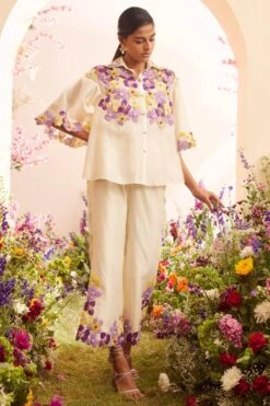 Chandrima Ivory Floral Applique Cropped Pants
