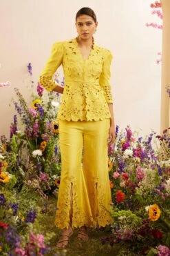 Chandrima Yellow Cutwork Bell Bottoms