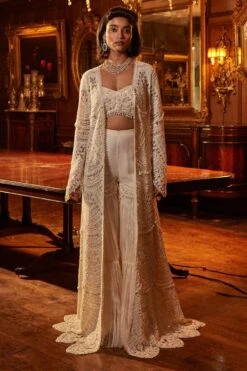 Ridhima Bhasin Beige Embellished Cape Set