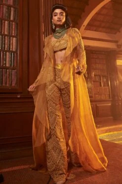 Ridhima Bhasin Mustard Crystal Drop Embellished Cape Set
