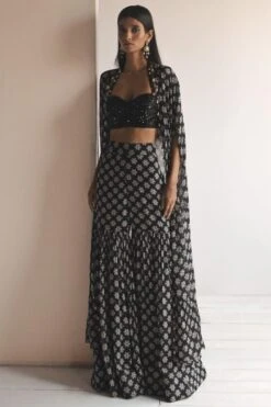 Arpita Mehta Black Butti Print Gharara, Blouse & Cape Set