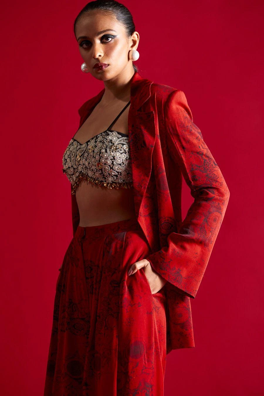 Bhumika Sharma Red Blossom Print Jacket Set 2 Bhumika Sharma Red Blossom Print Jacket Set - Image 2