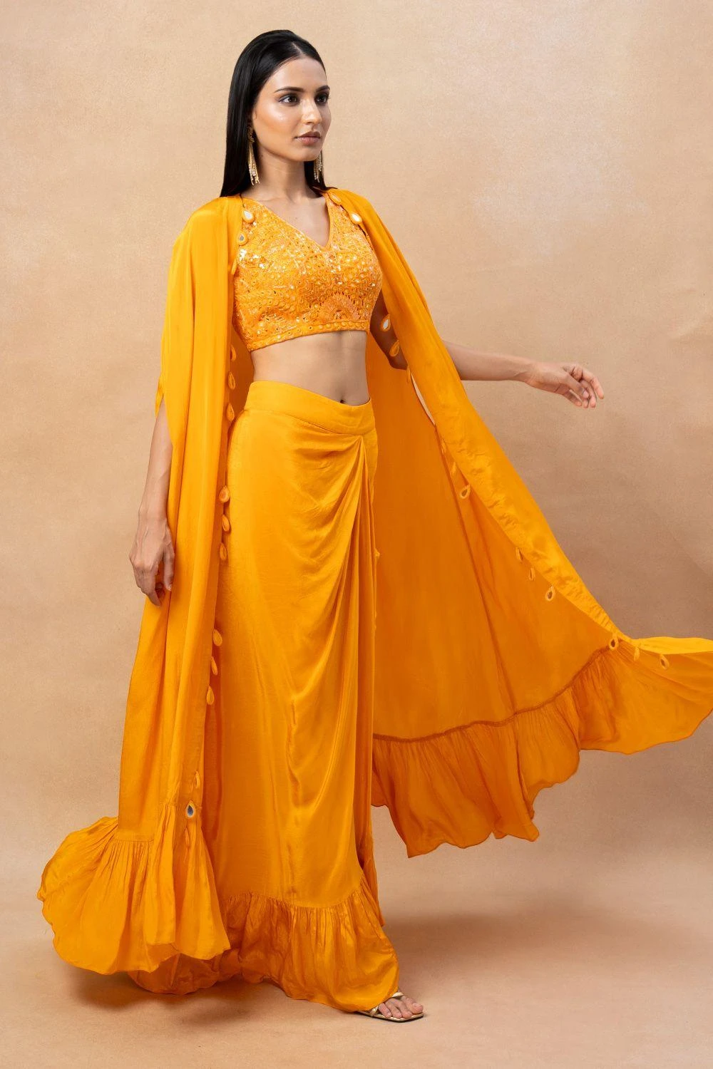 Arpita Mehta Orange Embellished Cape Set 3 Arpita Mehta Orange Embellished Cape Set - Image 3