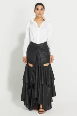 431-88 By Shweta Kapur Black Jersey Draped Ruffle Skirt