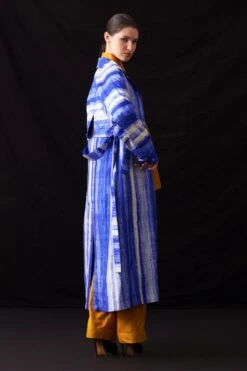 Amrich Blue Hand-crafted Shibori Patterned Trench Coat -Inca Style Shop 25923aml87 4