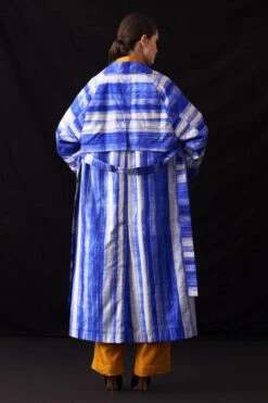 Amrich Blue Hand-crafted Shibori Patterned Trench Coat -Inca Style Shop 25923aml87 6