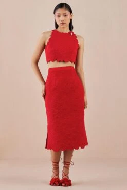 Chandrima Red Quilted Pencil Skirt