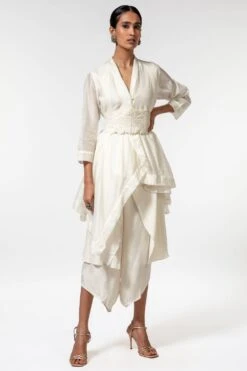 Aikeyah Ivory Asymmetric Jacket Set With Quilted Belt