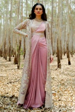 Mishru Pink Concept Sari With Floral Cape