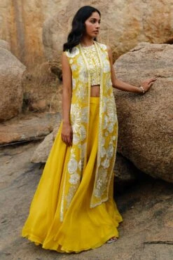 Mishru Yellow Embroidered Jacket Set
